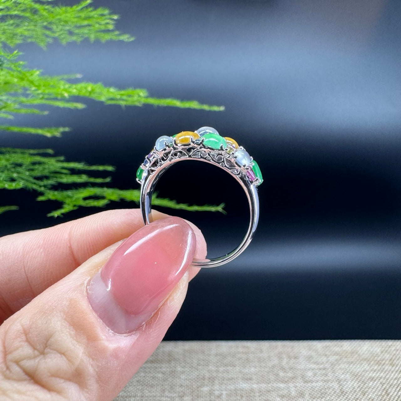 RealJade® "Bubble Collection" 18k White Gold Natural Multi-Colored Jadeite Ring With Diamonds