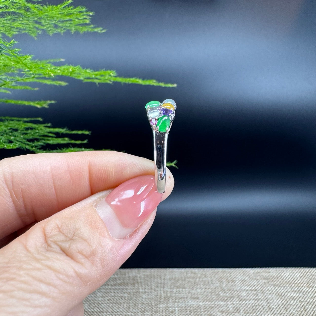 RealJade® "Bubble Collection" 18k White Gold Natural Multi-Colored Jadeite Ring With Diamonds