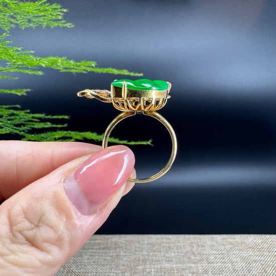 RealJade® "Signature Signet" 18K Yellow Gold Imperial Jadeite Jade Diamonds Butterfly Ring