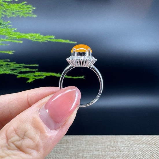 RealJade® "Signature Signet" 18K White Gold Honey Yellow Jadeite Jade Diamonds Classic Ring