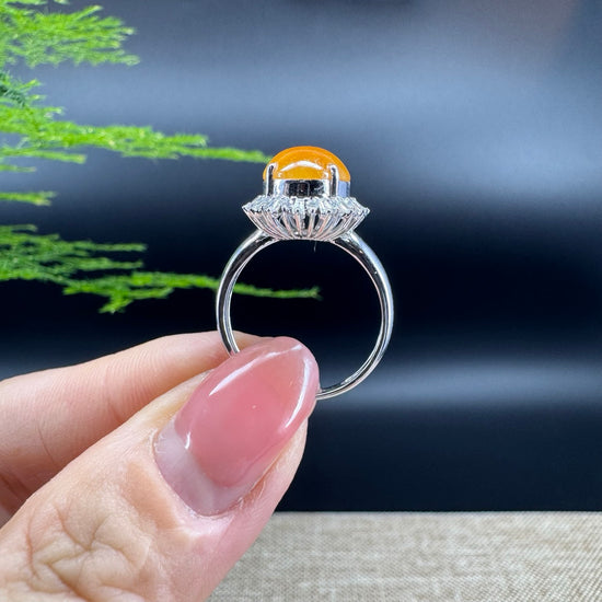 RealJade® "Signature Signet" 18K White Gold Honey Yellow Jadeite Jade Diamonds Classic Ring