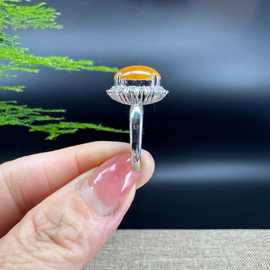 RealJade® "Signature Signet" 18K White Gold Honey Yellow Jadeite Jade Diamonds Classic Ring