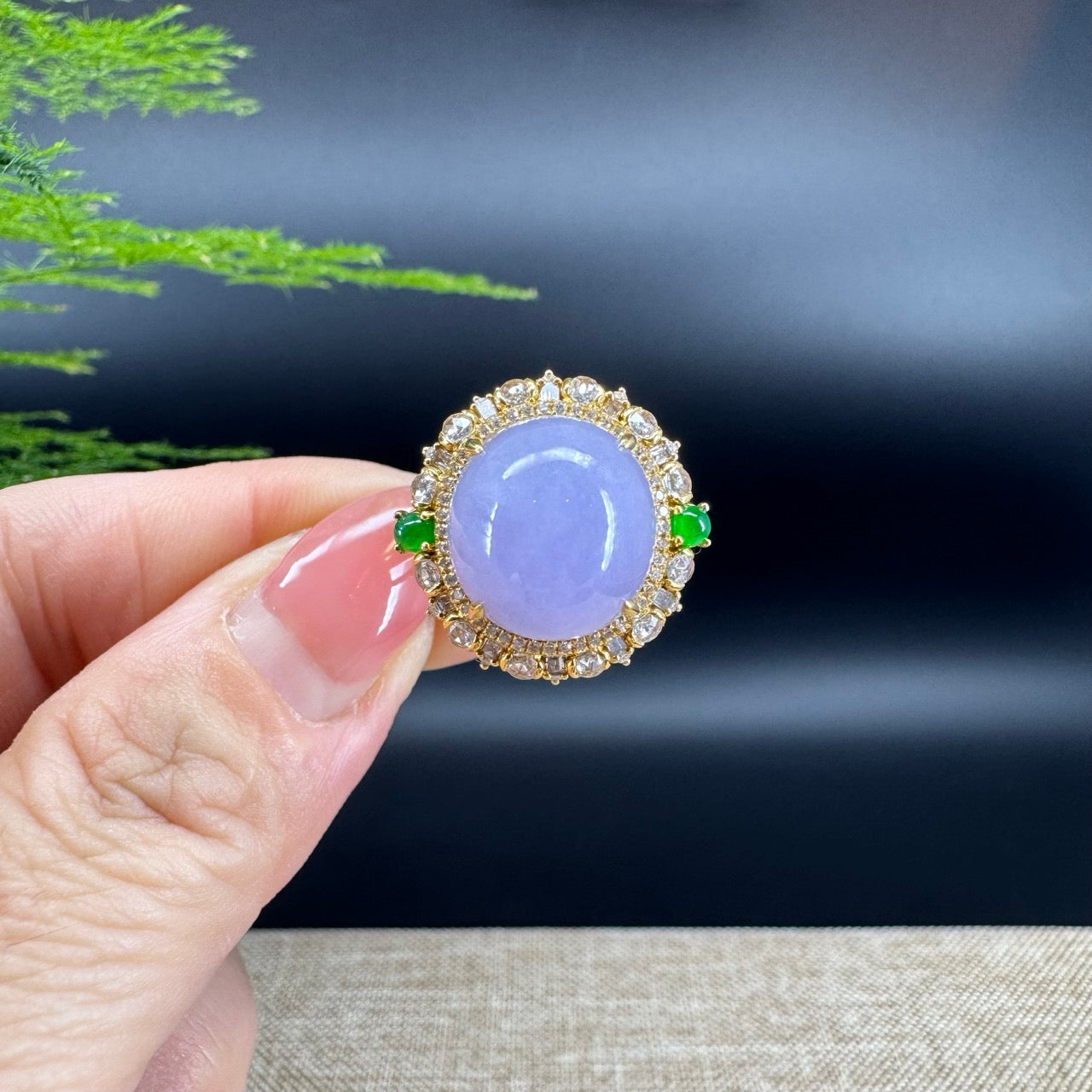 18k Yellow Gold Natural Rich Lavender Oval Jadeite Jade Engagement Ring With Diamonds