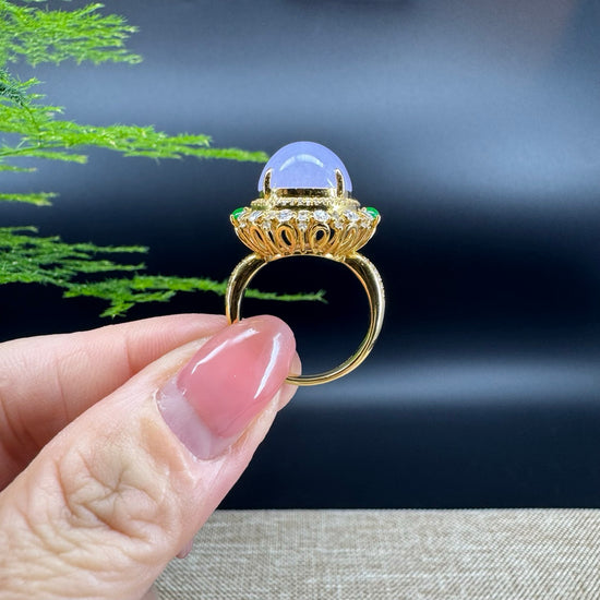 18k Yellow Gold Natural Rich Lavender Oval Jadeite Jade Engagement Ring With Diamonds