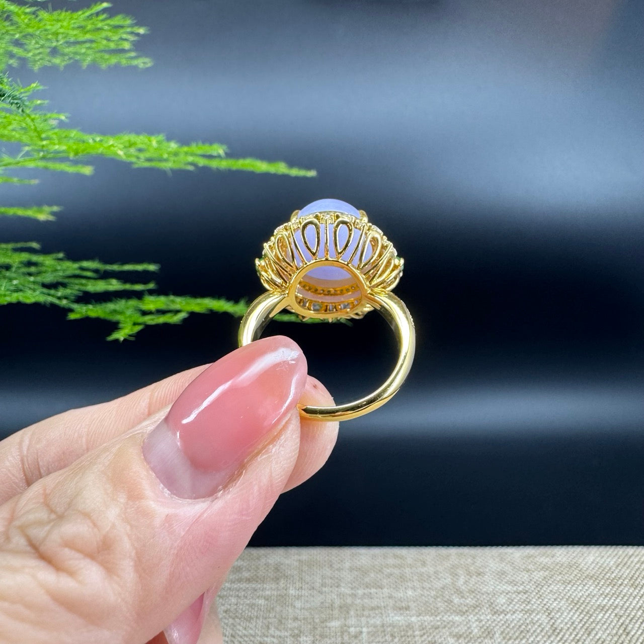 18k Yellow Gold Natural Rich Lavender Oval Jadeite Jade Engagement Ring With Diamonds