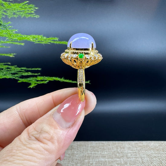 18k Yellow Gold Natural Rich Lavender Oval Jadeite Jade Engagement Ring With Diamonds