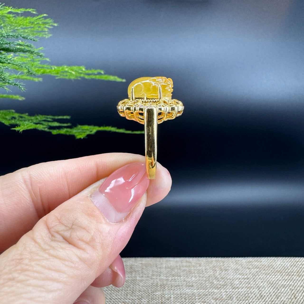 RealJade® "Signature Signet" 18K Yellow Gold Honey Yellow Jadeite Jade Pig Ring