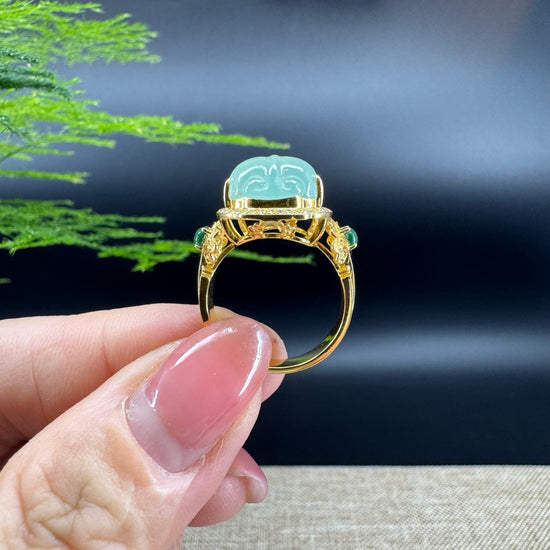 RealJade® "Signature Signet" 18K Yellow Gold Icy Green Jadeite Jade PiXiu Ring