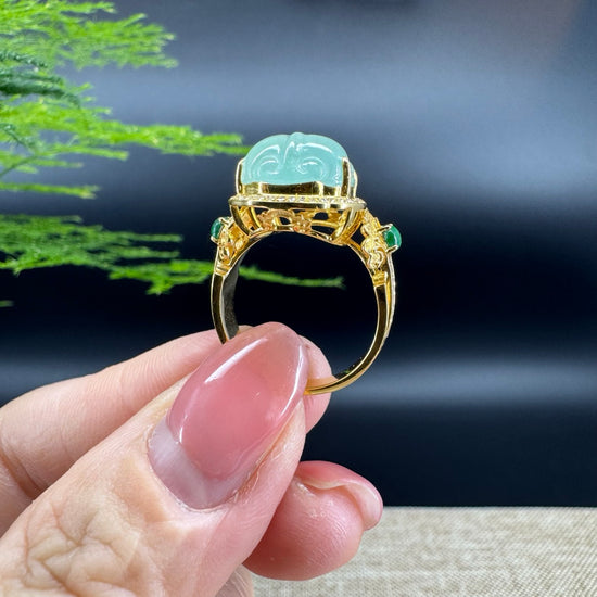 RealJade® "Signature Signet" 18K Yellow Gold Icy Green Jadeite Jade PiXiu Ring