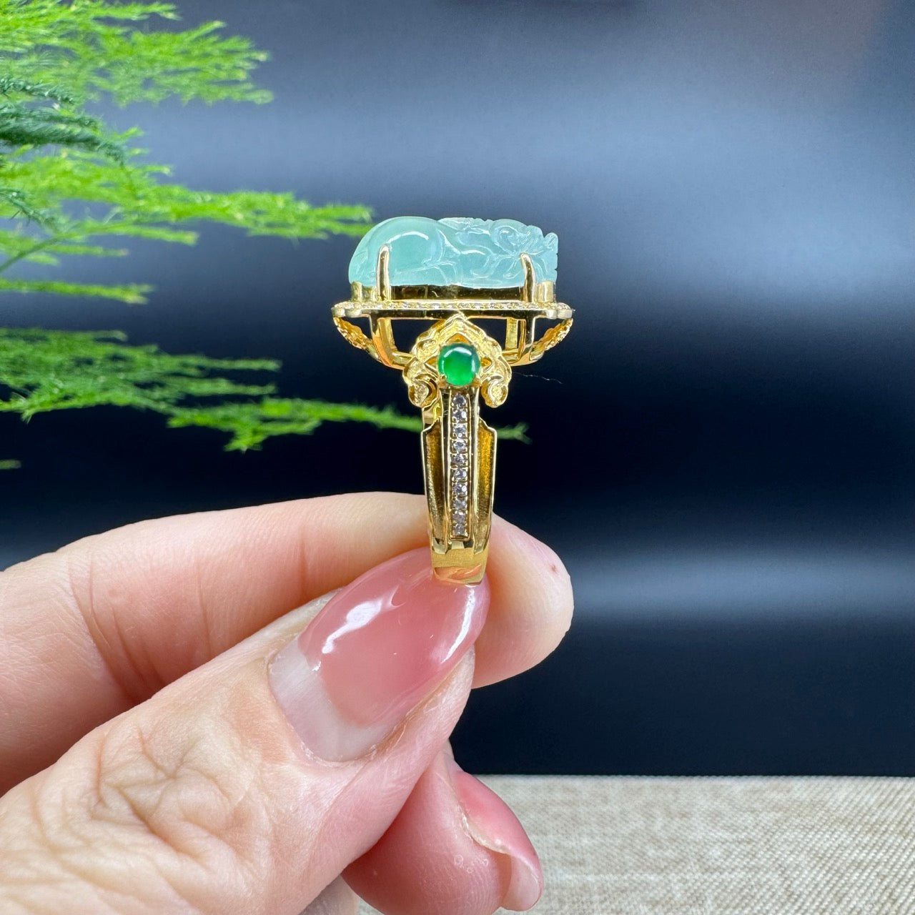 RealJade® "Signature Signet" 18K Yellow Gold Icy Green Jadeite Jade PiXiu Ring