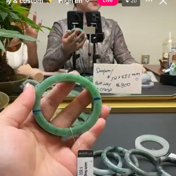"Live" Natural Forest Green Jadeite Jade Oval Bangle(Gold Inlay,Final)(06/14/2026)