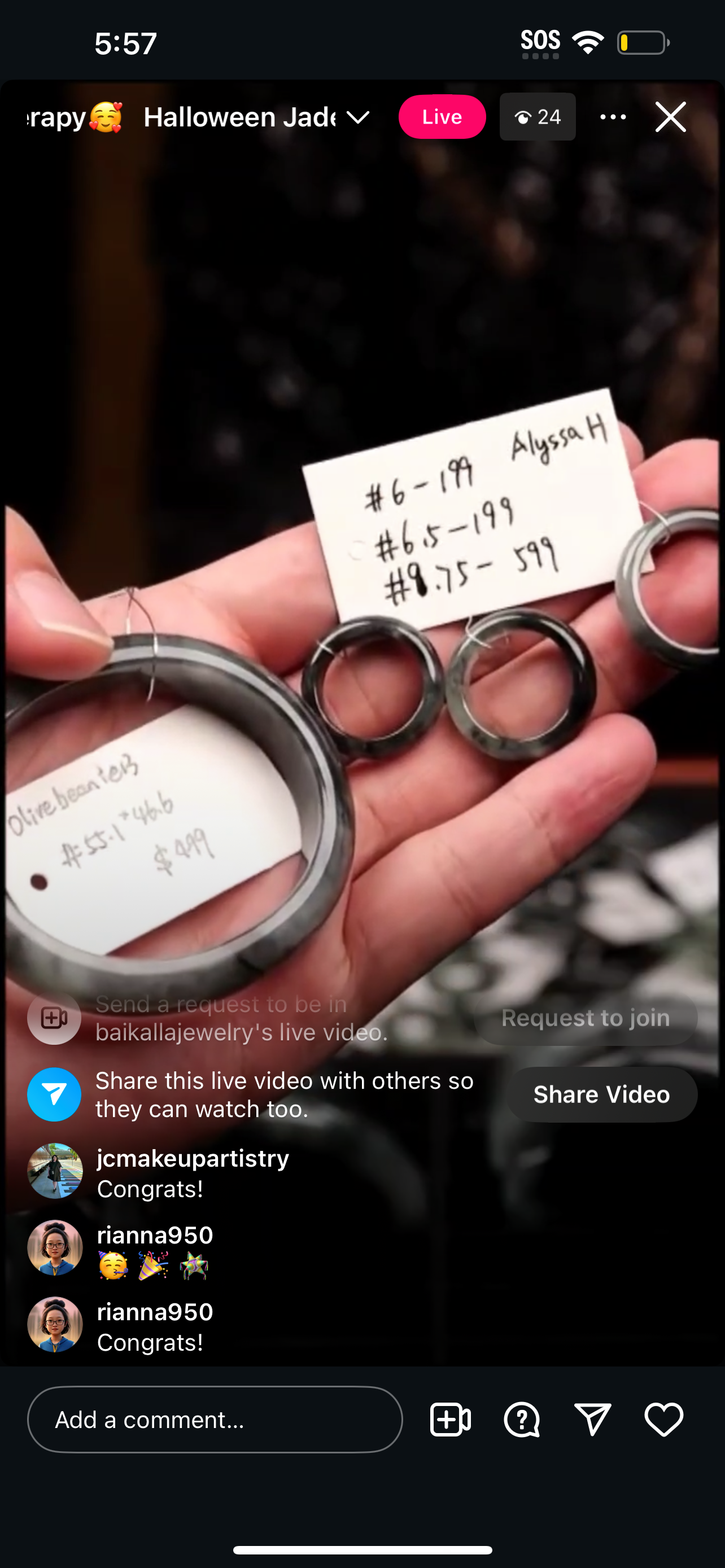 "Live" Natural Wuji Flower Jadeite Jade Finger Bangle #6.5 (10/30/25)