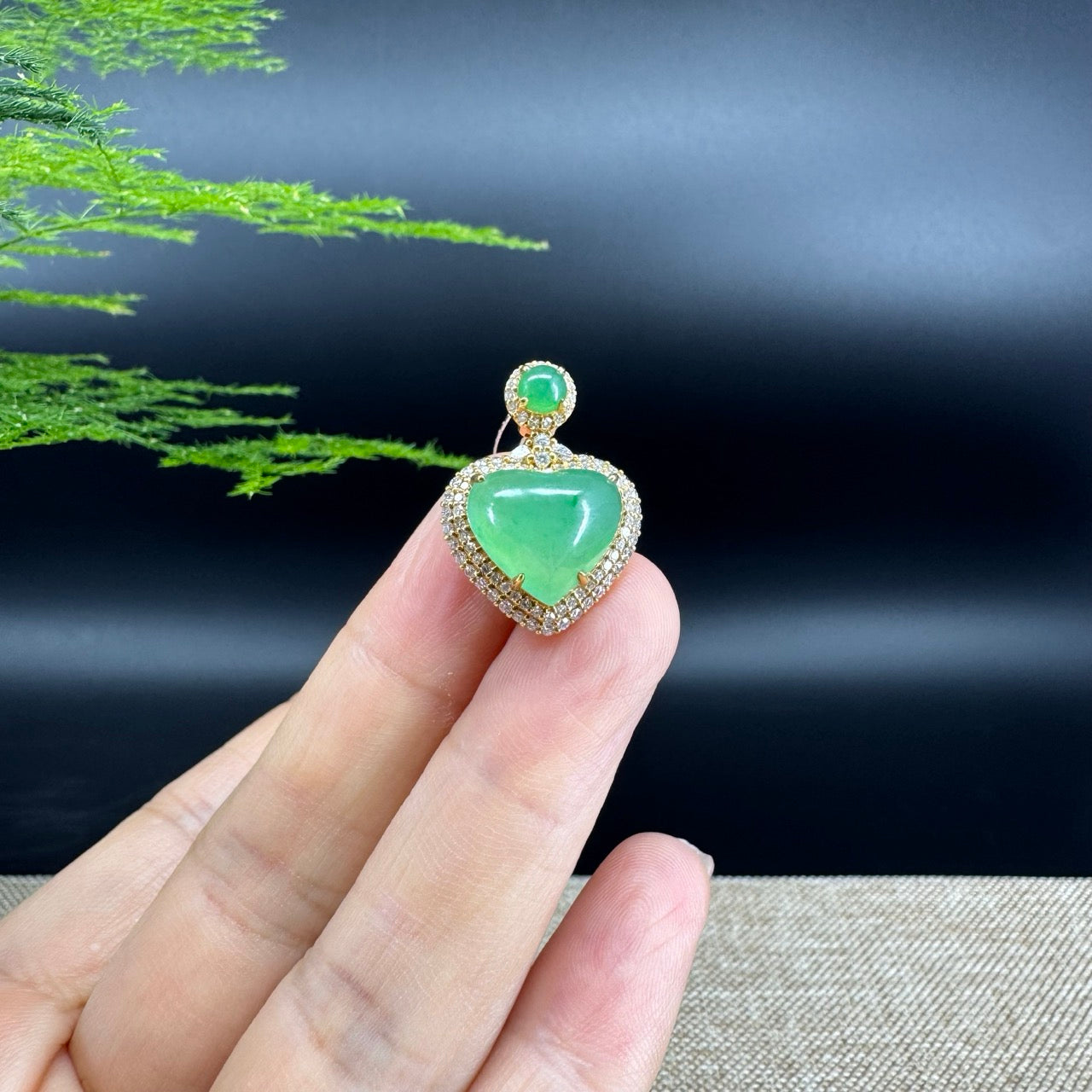 RealJade® Co. 18K Yellow Gold Genuine Burmese Imperial Jadeite Heart Pendant with Diamonds High Jewelry