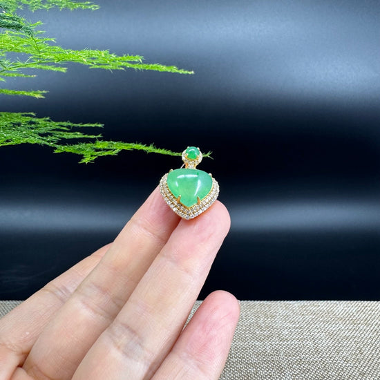 RealJade® Co. 18K Yellow Gold Genuine Burmese Imperial Jadeite Heart Pendant with Diamonds High Jewelry