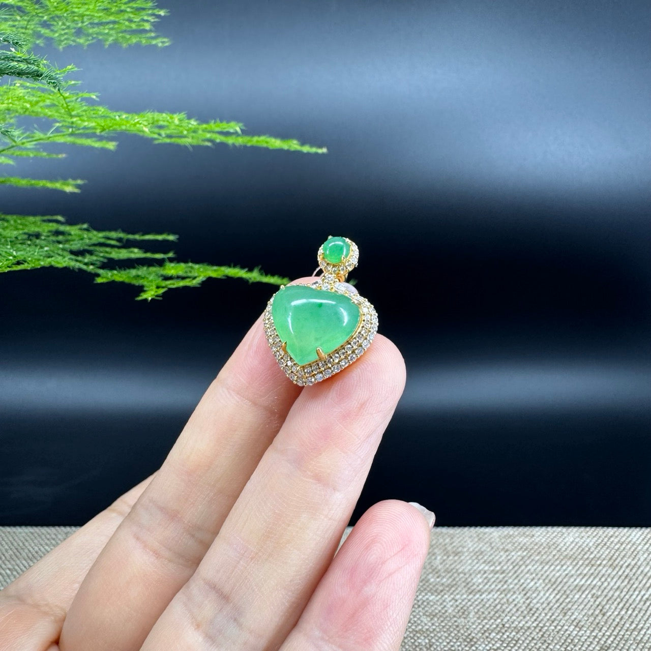 RealJade® Co. 18K Yellow Gold Genuine Burmese Imperial Jadeite Heart Pendant with Diamonds High Jewelry