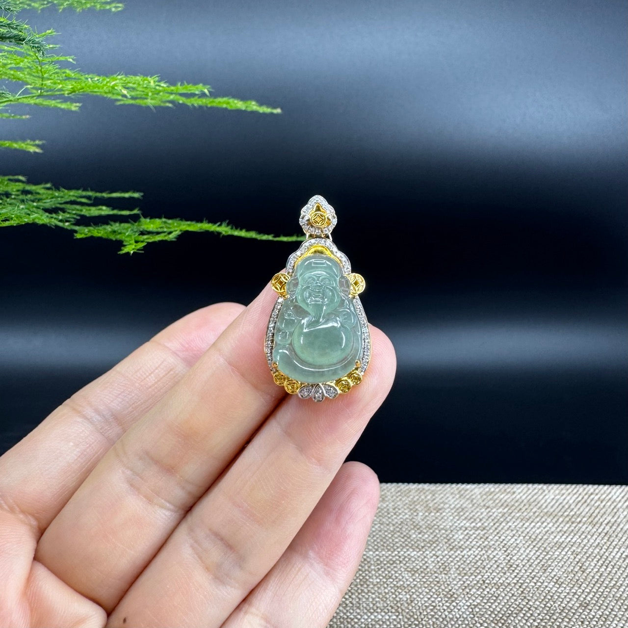 High end RealJade® "Money Saint" 18k Yellow Gold Genuine Green Jadeite Jade Pendant