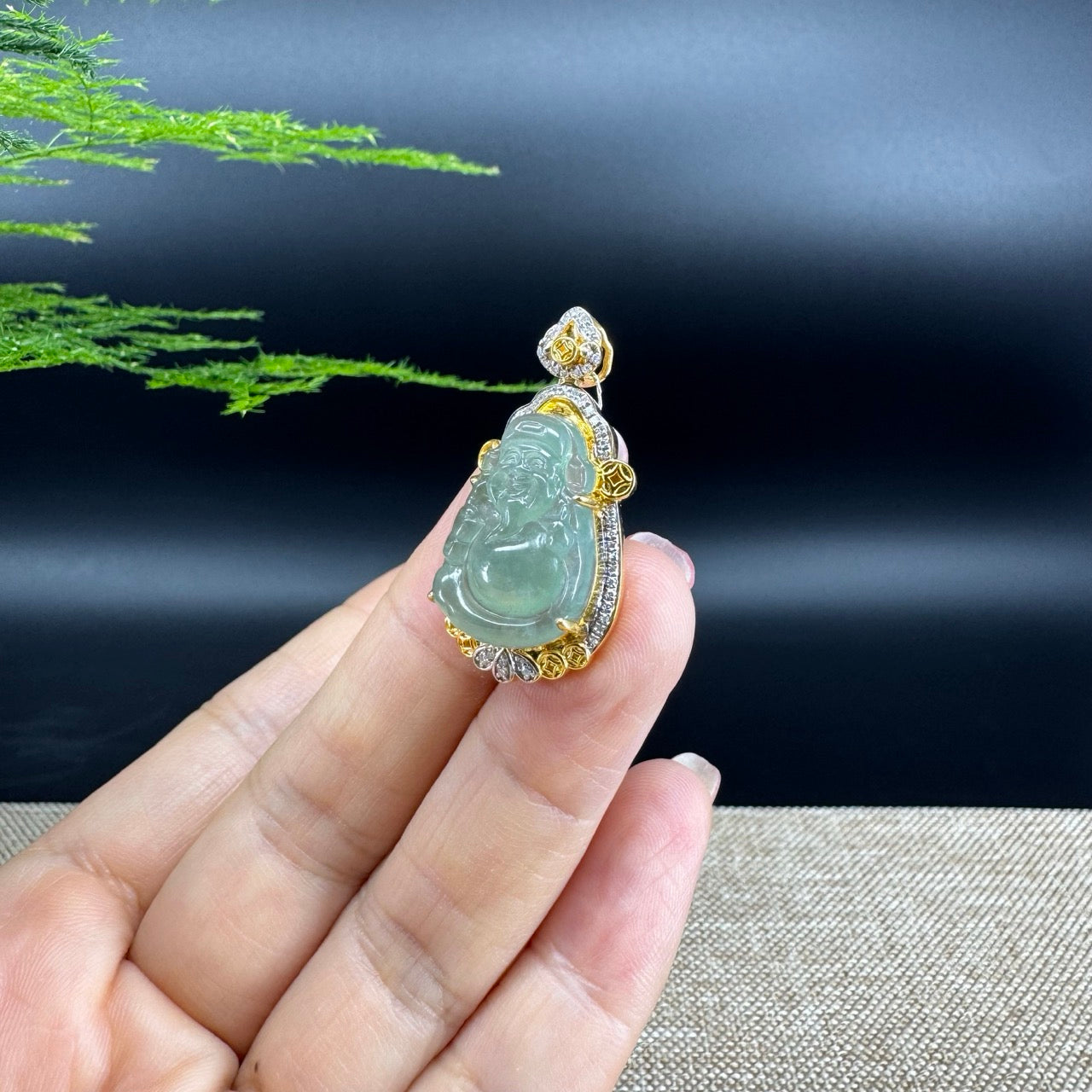 High end RealJade® "Money Saint" 18k Yellow Gold Genuine Green Jadeite Jade Pendant