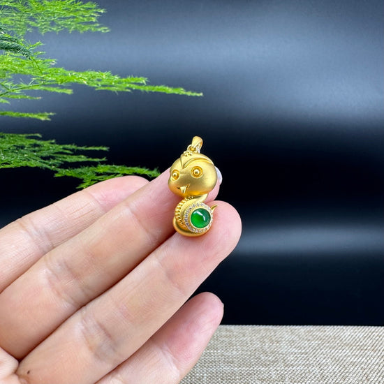 RealJade®  12 Zodiac: 18k Yellow Gold Snake Pendant Necklace with Green Imperial Jade & Diamonds
