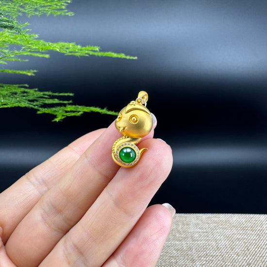 RealJade®  12 Zodiac: 18k Yellow Gold Snake Pendant Necklace with Green Imperial Jade & Diamonds