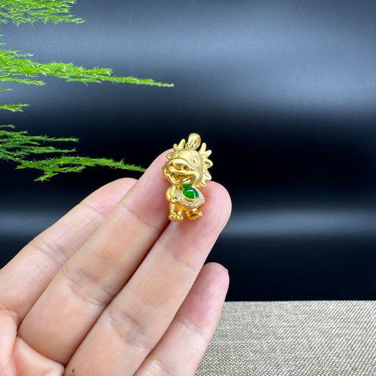 RealJade®  12 Zodiac: 18k Yellow Gold Dragon Pendant Necklace with Green Imperial Jade & Diamonds