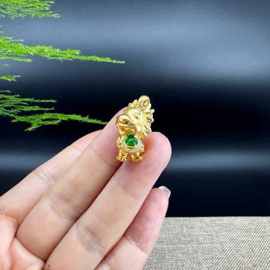 RealJade®  12 Zodiac: 18k Yellow Gold Dragon Pendant Necklace with Green Imperial Jade & Diamonds