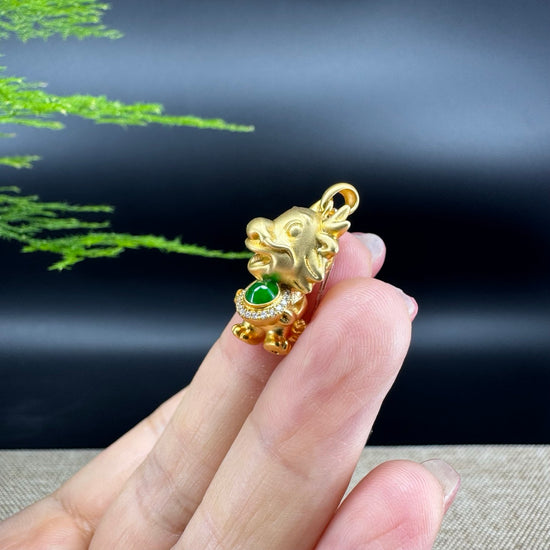 RealJade®  12 Zodiac: 18k Yellow Gold Dragon Pendant Necklace with Green Imperial Jade & Diamonds