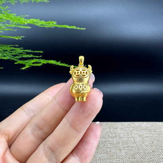 RealJade®  12 Zodiac: 18k Yellow Gold Ox Pendant Necklace with Green Imperial Jade & Diamonds