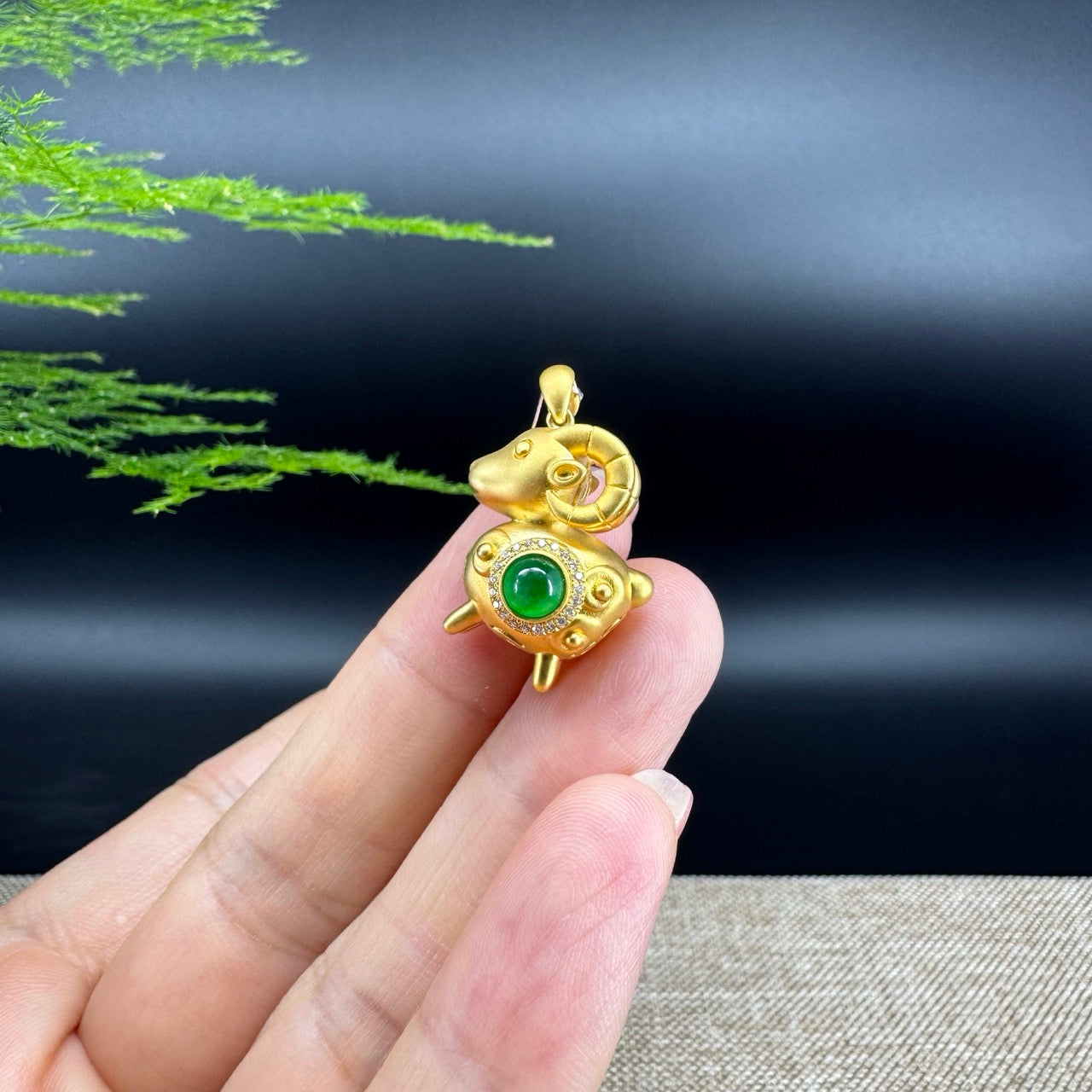 RealJade®  12 Zodiac: 18k Yellow Gold Sheep Pendant Necklace with Green Imperial Jade & Diamonds