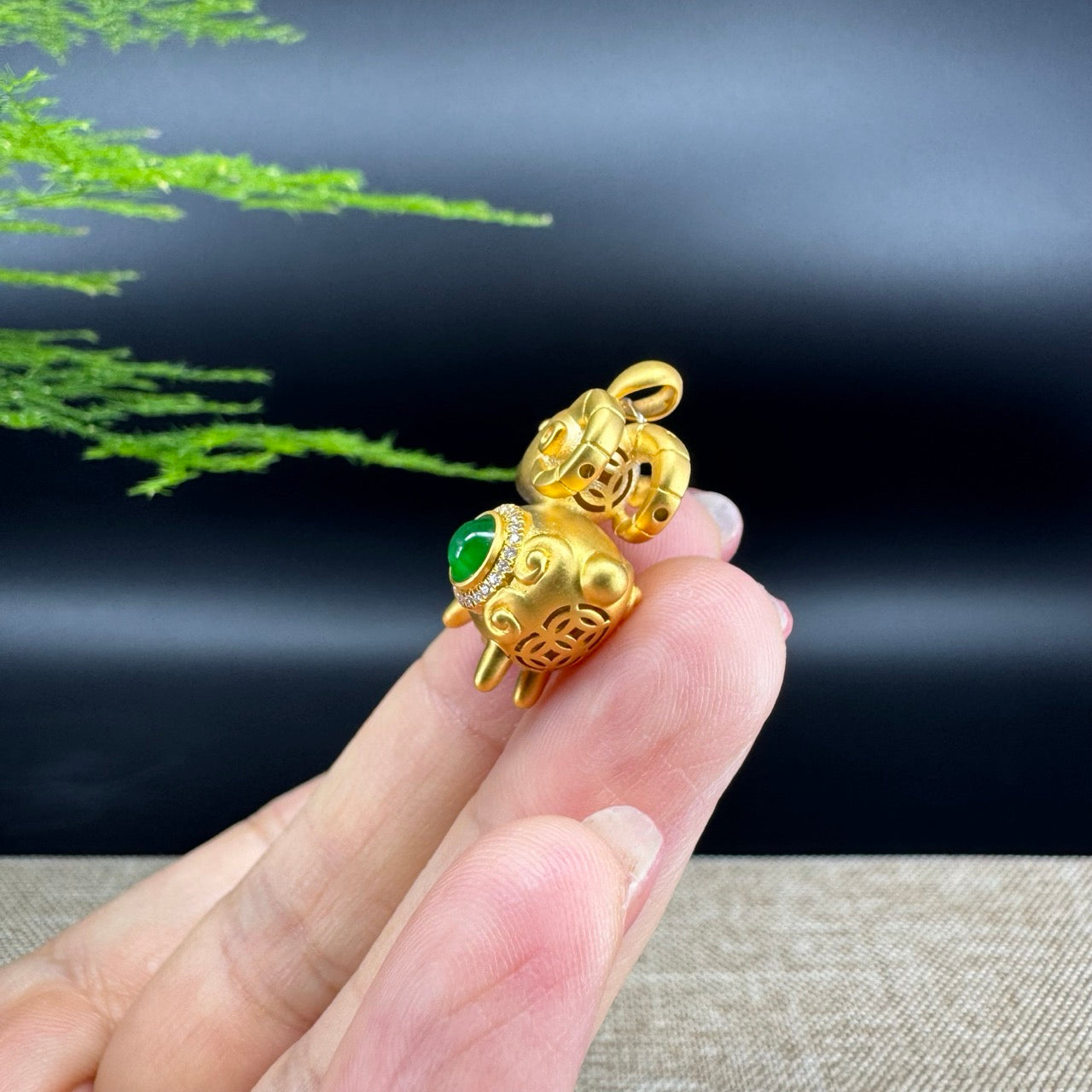 RealJade®  12 Zodiac: 18k Yellow Gold Sheep Pendant Necklace with Green Imperial Jade & Diamonds