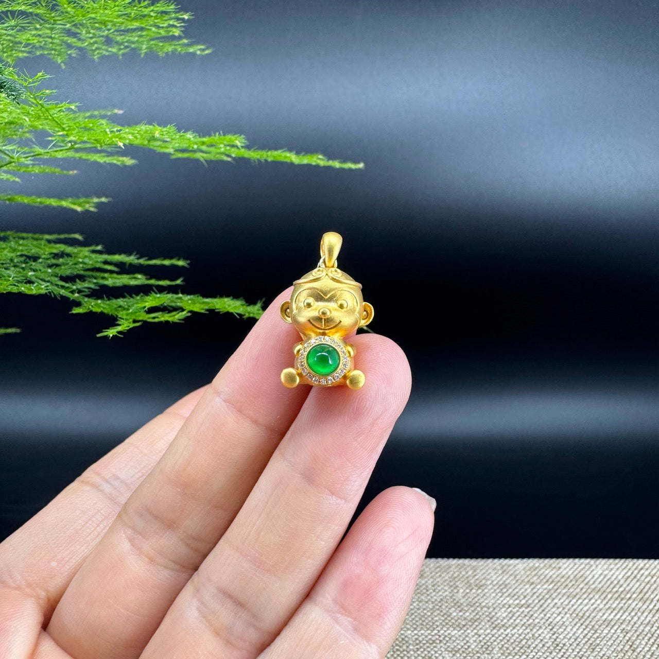 RealJade®  12 Zodiac: 18k Yellow Gold Monkey Pendant Necklace with Imperial Jade & Diamonds