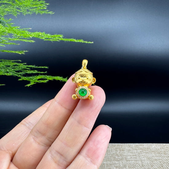 RealJade®  12 Zodiac: 18k Yellow Gold Monkey Pendant Necklace with Imperial Jade & Diamonds