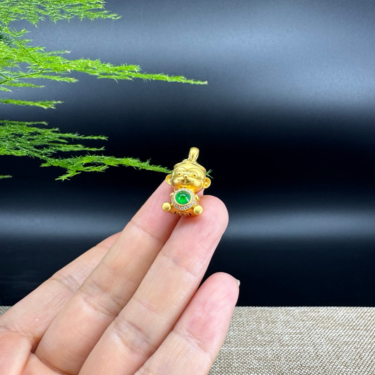 RealJade®  12 Zodiac: 18k Yellow Gold Monkey Pendant Necklace with Imperial Jade & Diamonds