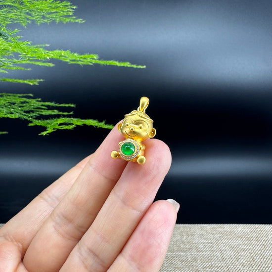 RealJade®  12 Zodiac: 18k Yellow Gold Monkey Pendant Necklace with Imperial Jade & Diamonds
