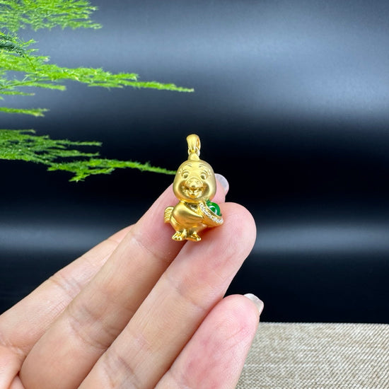 RealJade®  12 Zodiac: 18k Yellow Gold Rooster Pendant Necklace with Green Imperial Jade & Diamonds