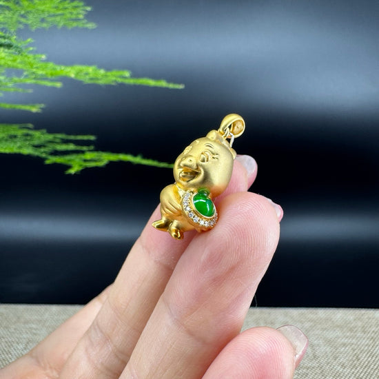 RealJade®  12 Zodiac: 18k Yellow Gold Rooster Pendant Necklace with Green Imperial Jade & Diamonds