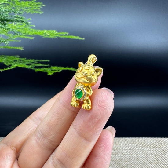 RealJade®  12 Zodiac: 18k Yellow Gold Tiger Pendant Necklace with Green Imperial Jade & Diamonds