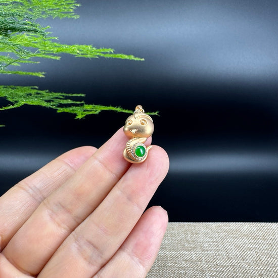 RealJade®  12 Zodiac: 18k Rose Gold Snake Pendant Necklace with Green Imperial Jade & Diamonds
