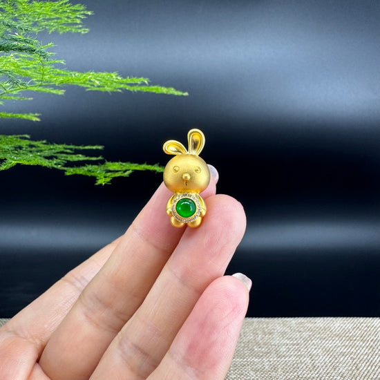 RealJade®  12 Zodiac: 18k Yellow Gold Rabbit Pendant Necklace with Green Imperial Jade & Diamonds