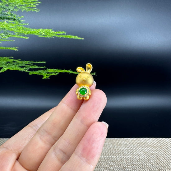 RealJade®  12 Zodiac: 18k Yellow Gold Rabbit Pendant Necklace with Green Imperial Jade & Diamonds