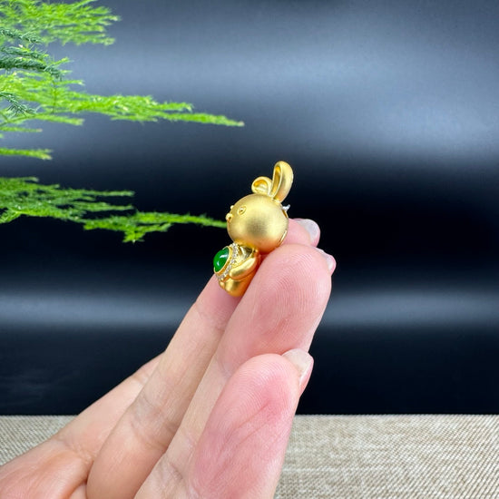 RealJade®  12 Zodiac: 18k Yellow Gold Rabbit Pendant Necklace with Green Imperial Jade & Diamonds