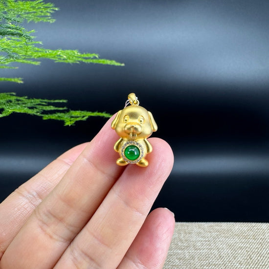 RealJade®  12 Zodiac: 18k Yellow Gold Dog Pendant Necklace with Green Imperial Jade & Diamonds