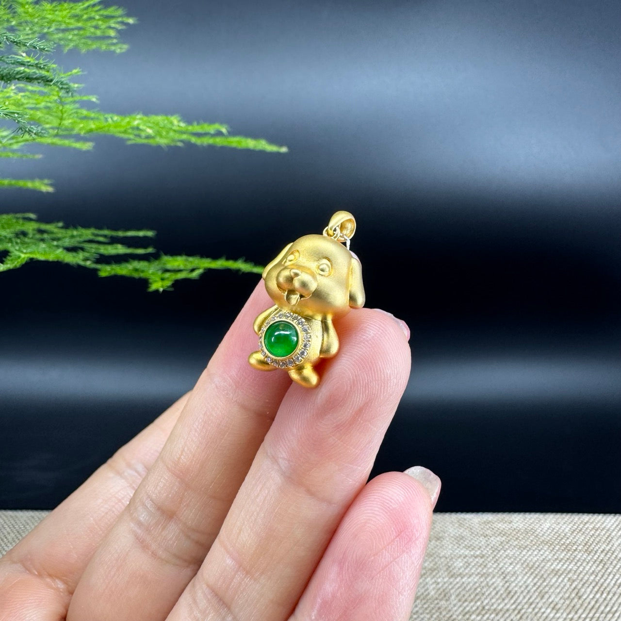 RealJade®  12 Zodiac: 18k Yellow Gold Dog Pendant Necklace with Green Imperial Jade & Diamonds