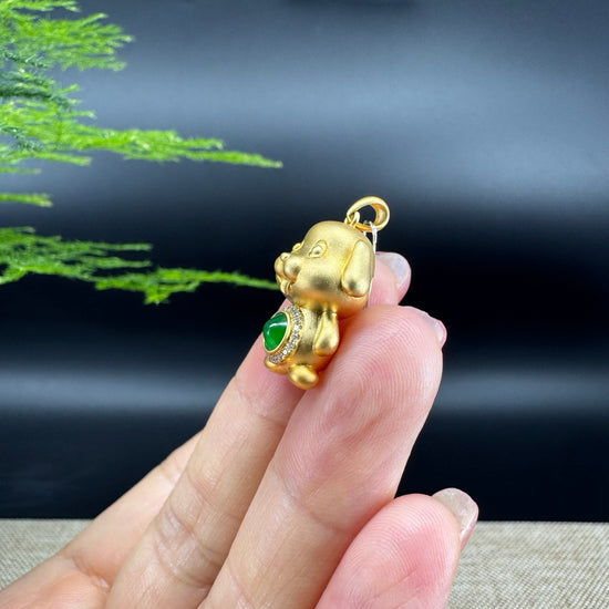 RealJade®  12 Zodiac: 18k Yellow Gold Dog Pendant Necklace with Green Imperial Jade & Diamonds