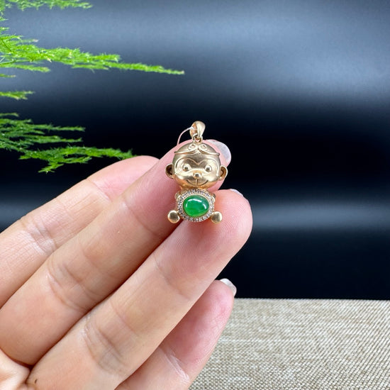 RealJade®  12 Zodiac: 18k Rose Gold Monkey Pendant Necklace with Green Imperial Jade & Diamonds