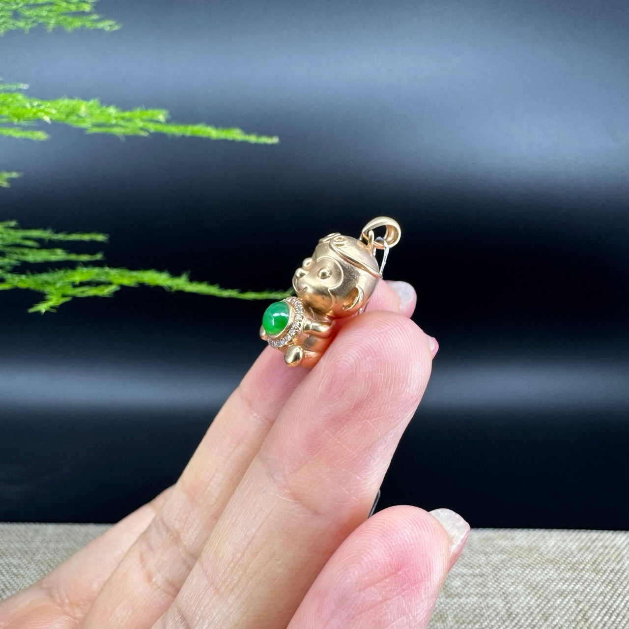 RealJade®  12 Zodiac: 18k Rose Gold Monkey Pendant Necklace with Green Imperial Jade & Diamonds