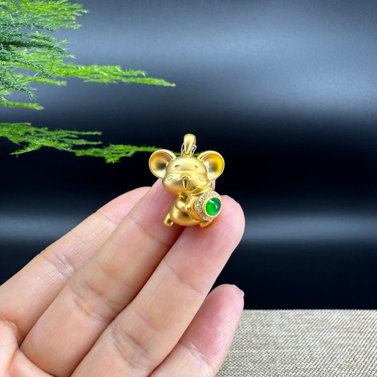 RealJade®  12 Zodiac: 18k Yellow Gold Rat Pendant Necklace with Green Imperial Jade & Diamonds