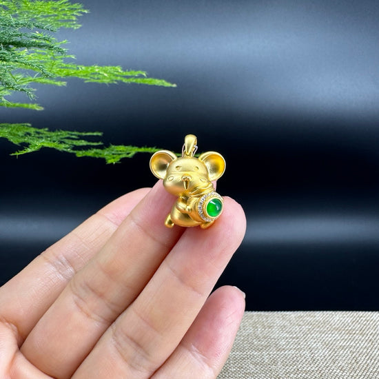 RealJade®  12 Zodiac: 18k Yellow Gold Rat Pendant Necklace with Green Imperial Jade & Diamonds
