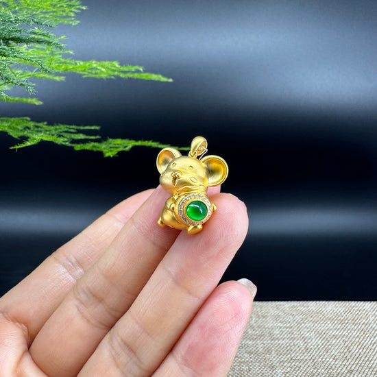 RealJade®  12 Zodiac: 18k Yellow Gold Rat Pendant Necklace with Green Imperial Jade & Diamonds