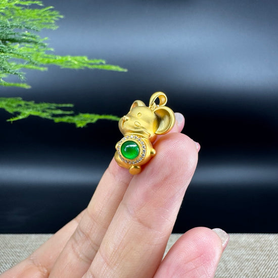 RealJade®  12 Zodiac: 18k Yellow Gold Rat Pendant Necklace with Green Imperial Jade & Diamonds