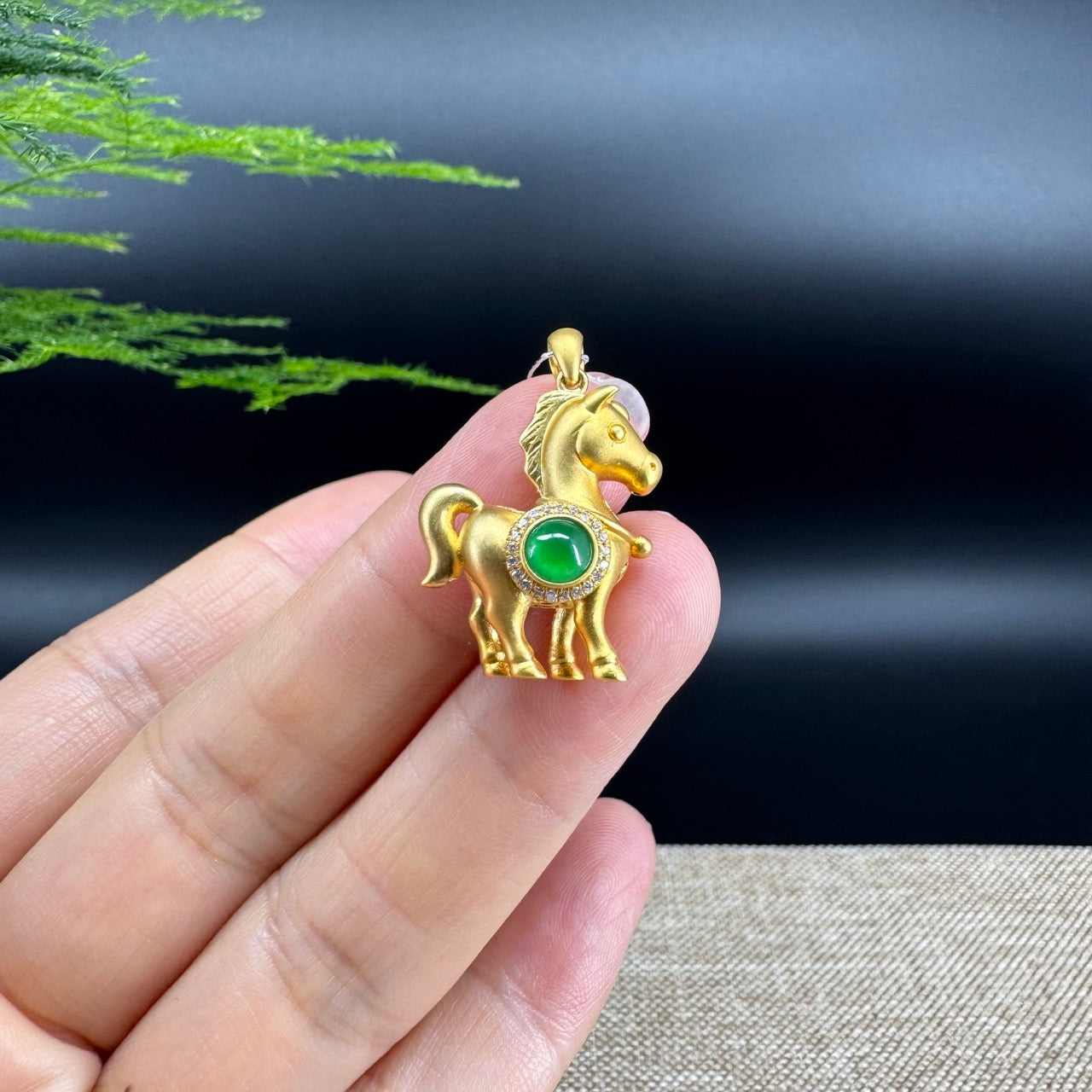 RealJade®  12 Zodiac: 18k Yellow Gold Horse Pendant Necklace with Green Imperial Jade & Diamonds